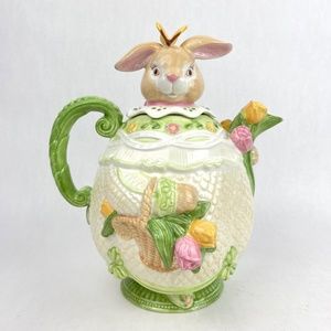 Vintage Tammany Devine Demdaco Bunny Rabbit Tulips Large Teapot Scales Pattern